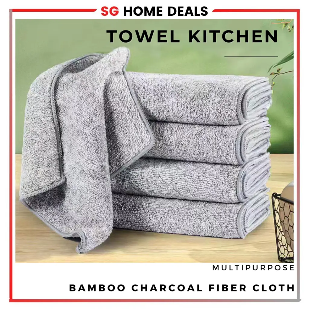 【SG Stock】 Bamboo Charcoal Dish Towel Fiber Cloth Strong Water Absorption Non-Stick Oil Easy Clean 30cm*30cm