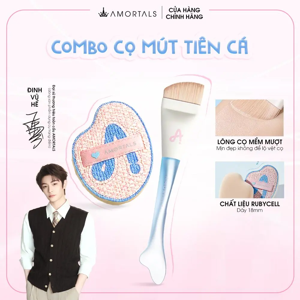 Combo Nàng Tiên Cá Gồm Bông Mút Và Cọ Trang Điểm Amortals Hỗ Trợ Mang Lại Lớp Nền Mịn Đẹp, Tiết Kiệm Kem Nền