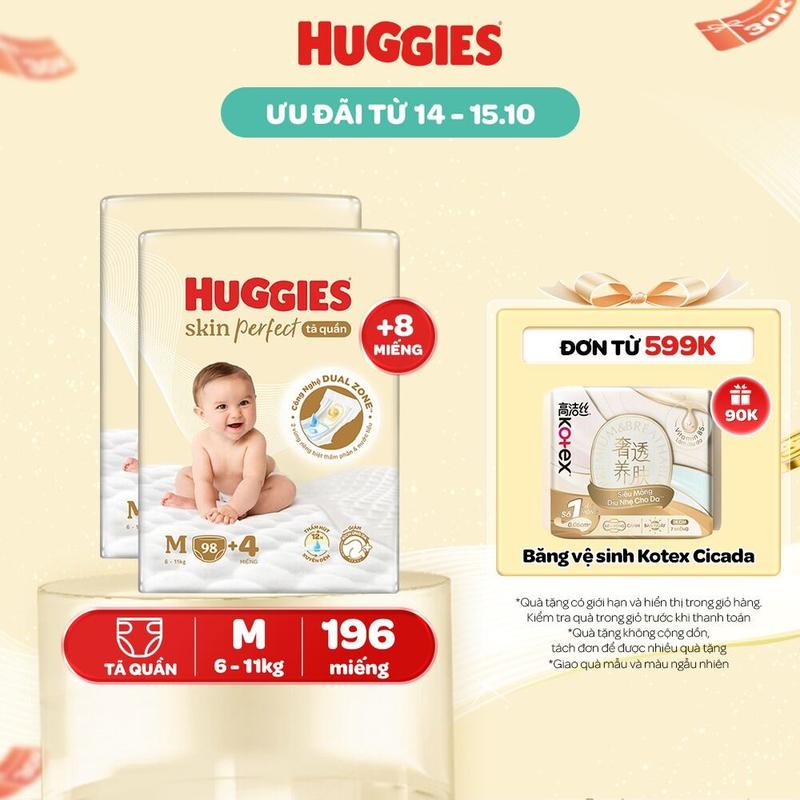 Combo 2 gói Tã quần Huggies Skin Perfect Mega Jumbo với 2 vùng thấm giảm kích ứng da Size M 98+4/L 88+4/XL 72+4/XXL 64+4