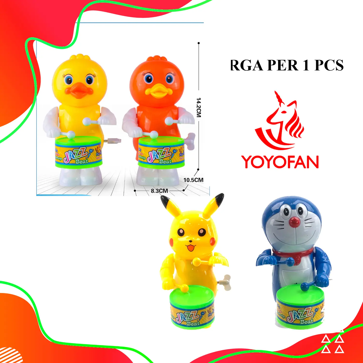 Mainan Anak Funny Drum Kunci Karakter Doraemon Bebek Pikachu Tambur Drum Kunci