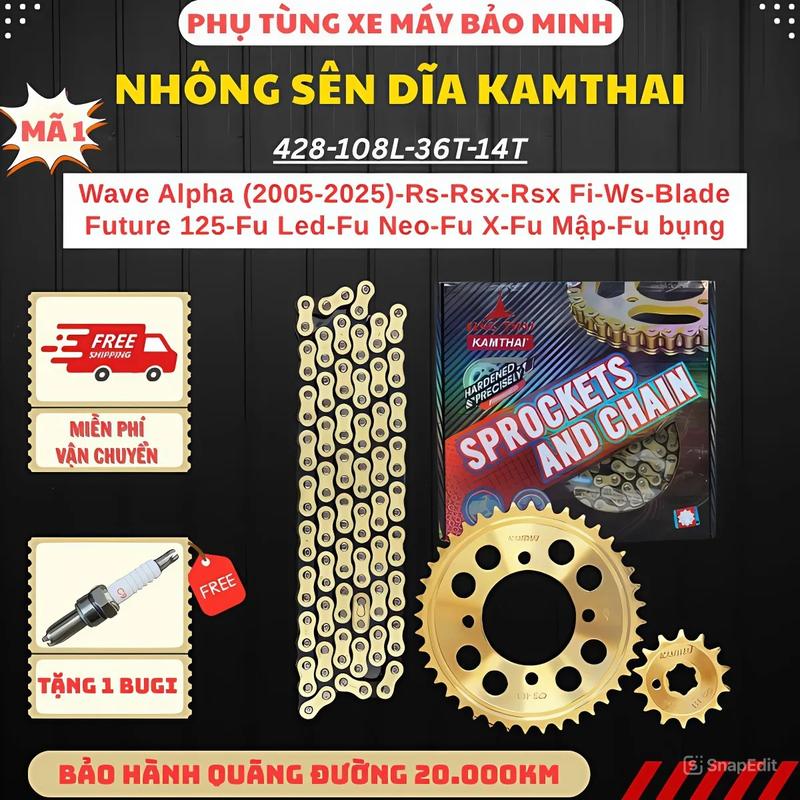    TẶNG BUGI   MÃ 1 : Nhông + sên + dĩa chính hãng KAMTHAI lắp cho dòng xe WAVE A  2005-2025   Rs  Rsx  RSX Fi  Blade  Ws - Nhông sên dĩa 