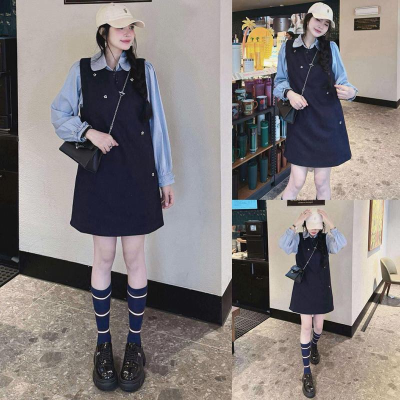 Set Váy Áo Sơ Mi Đính Đá 2 Món Xanh Dài Tay Thiết Kế Đơn Giản Top Nữ