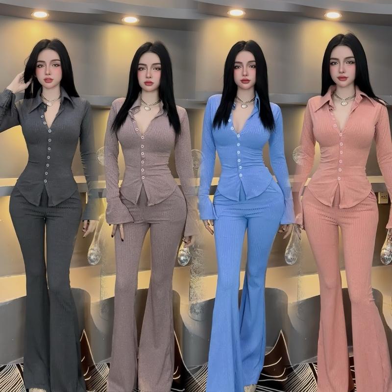  S528 SET QUẦN LOE ÁO SƠ MI TAY DÀI VẠC BẦU ÔM DÁNG Chất Liệu Thun Sọc Co Dãn Quần Dài 103cm Phù Hợp Nhiều Kích Cỡ Khác Nhau 