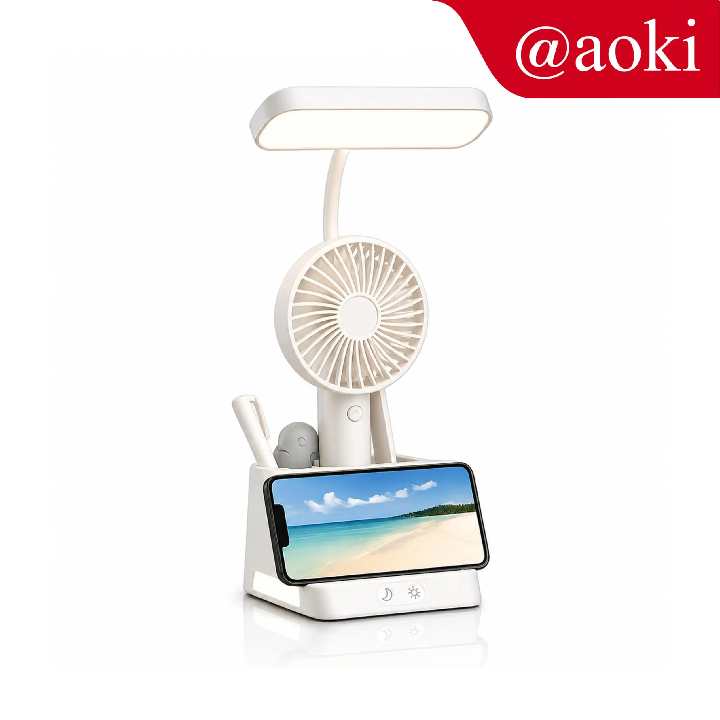 AOKI Lampu Meja LED Multifungsi dengan Kipas + Dudukan HP + Tempat Pensil USB Rechargeable Lampu Belajar Anti Flicker