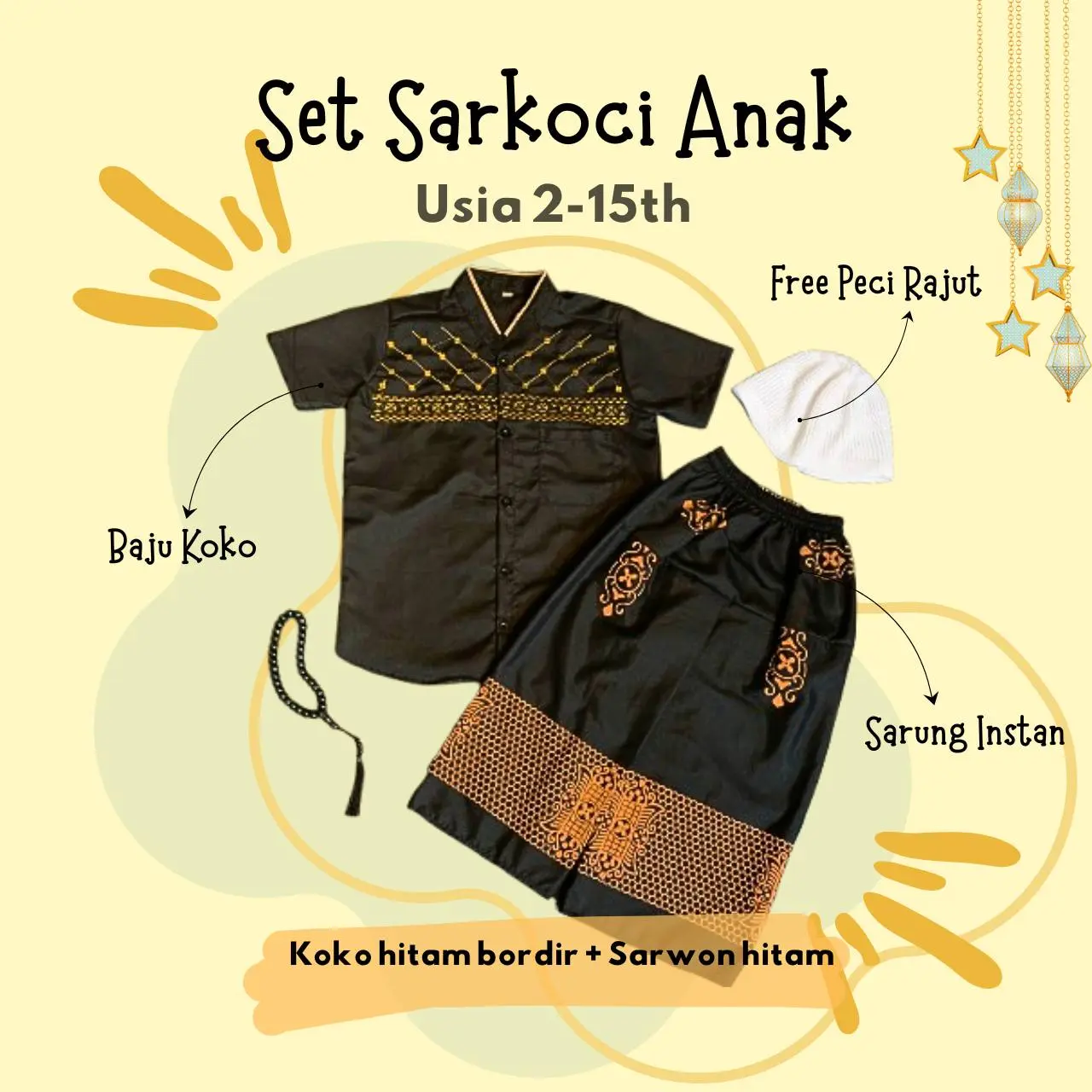 Bordir Hitam + Sarwon Hitam + Peci