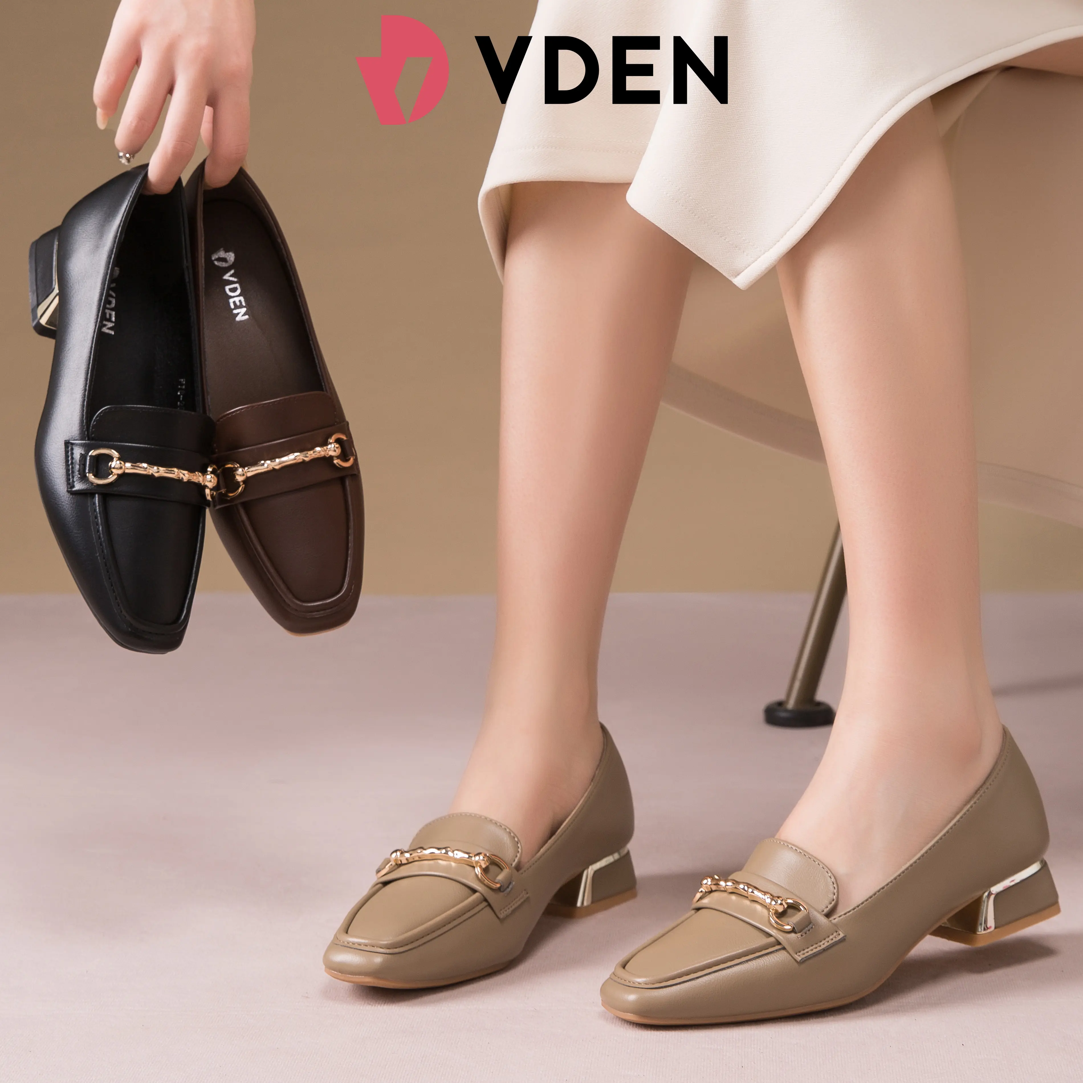 VDEN Square-toe Loafers For Women (F78-284) Slip-Ons 2024 New Retro Genuine Leather Thick Heel French Super Soft Loafers For Commuting Fo Work Shoes