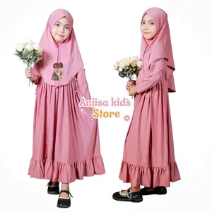 Aniisa Kids Store Baju Gamis Anak Serut Pinggang Free Hijab Usia 0-9 Tahun Sablon Gadis Kacamata Lucu untuk Anak Perempuan