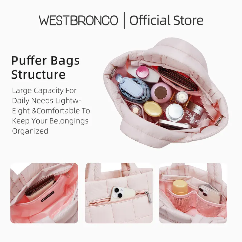 WESTBRONCO [PUFFER POMPOM BAG]  Tas Kecil Puffer Quilted Pompom Bag Selempang Wanita Nylon dengan Tali Adjustable Tas Bahu Fashionable 3