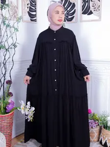 Fidabe Gamis Aleea Bahan Rayon Twill Series Black Muslim Wanita Syari Dress Katun Hitam Basic Panjang Polos Kancing Rempel