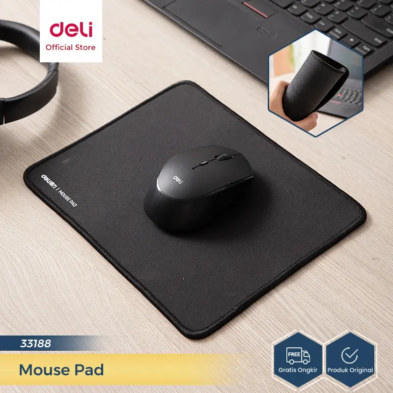 Deli Mouse Pad / Tatakan Mouse Polos 25 x 20 cm Warna Hitam Anti Slip Cocok untuk Kantor 33188 Computer