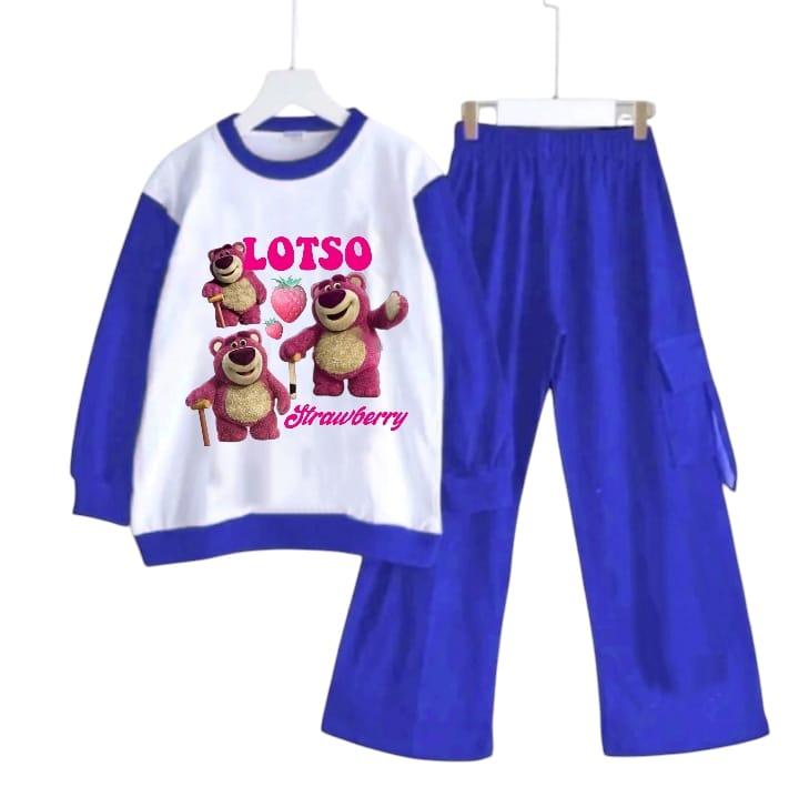 Setelan anak celana cargo karakter Lotso Bear Strawberry bahan crinkle kekinian setelan kaos panjang anak perempuan setelan  anak Setelan Baju 4