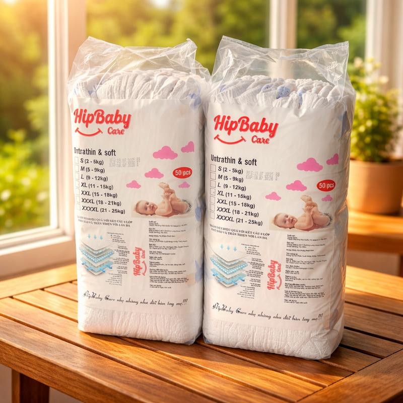 HipBaby Care Combo 2 Bịch 100 Miếng Bỉm Quần/Tã Dán Mềm Mỏng Hút 500-800ml Size M Đến 3XL Tiện Lợi & Tiết Kiệm Bỉm Siêu Mềm Mỏng Lõi 5D Thấm Hút Cho Bé Từ 5-23kg
