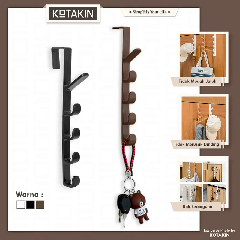 Gantungan Baju Belakang Pintu Cantolan 5 Kait Pakaian Topi Tanpa Paku Steel Cloth Hanger Multifungsi 0
