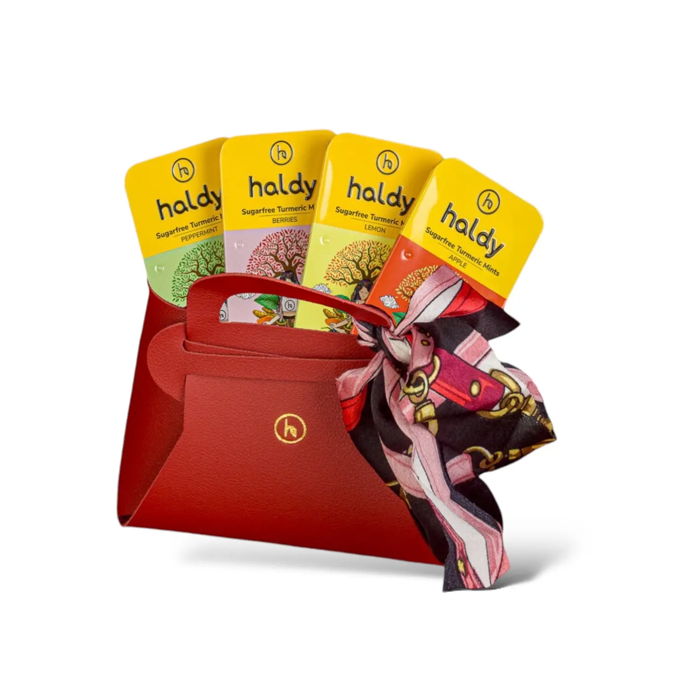 Haldy Designer Mini (Red bag) + All 4 Flavours of Sugarfree Turmeric Mints Snack Candy
