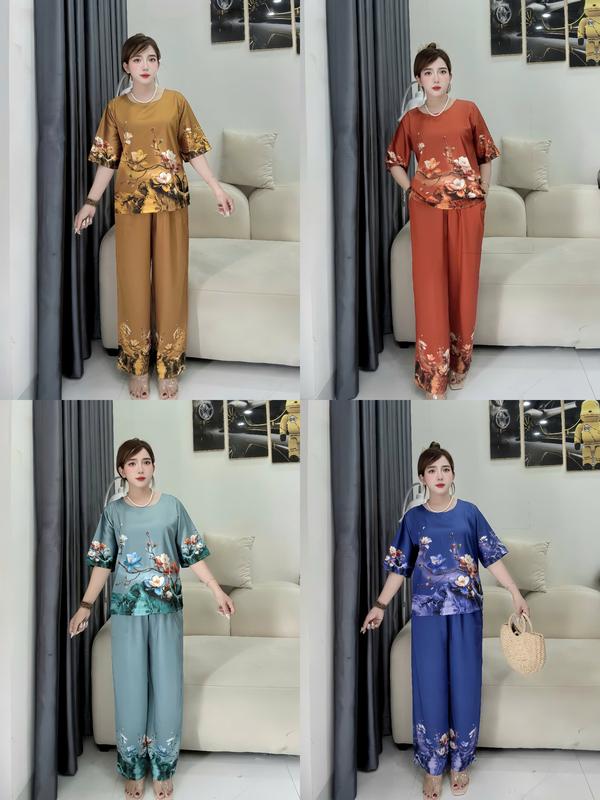  Đồ Bộ Đính Đá KYMShop - Bộ Trung Niên Vãi Lụa Latin Mềm Mịn Sang Trọng Tặng Mẹ Size Dưới 76kg 