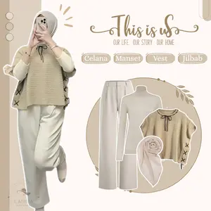 Outfit Setelan Korean Style (Keyla Vest Rajut - Manset Kaos - Celana Kulot Panjang - Jilbab) OOTD One Set Casual For Hangout LO13N
