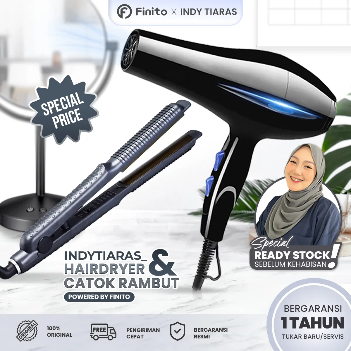[INDYTIARAS x FINITO] Promo Paket Hair Dryer HB01 + Catok HC04 FREE 2 Sisir