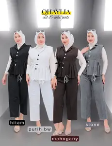 QHAYLIA Setelan Wanita Vest Celana Ankle Pants Semiwool Stripe Atasan Dewasa Hitam Putih BW Stone Mahogany