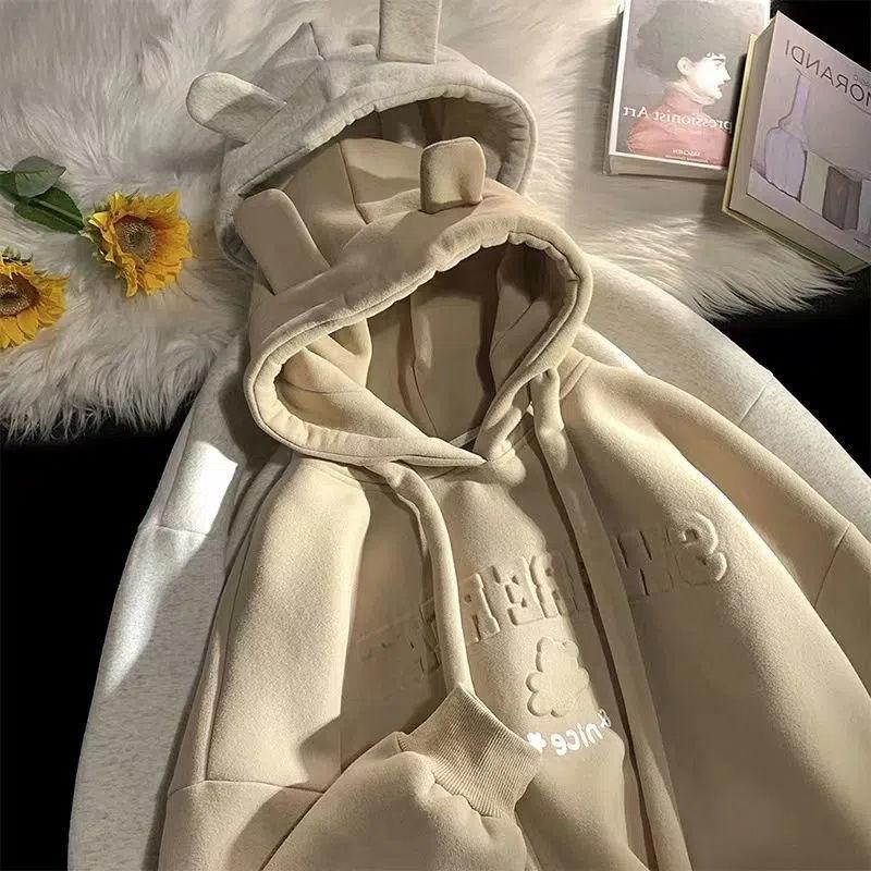 Product Introduction of Korean Style Loose Couple 2022 Autumn and Winter New Fleece-lined Thickened Design Bear Ear Sweater Men's and Women's Tops Fashion 6