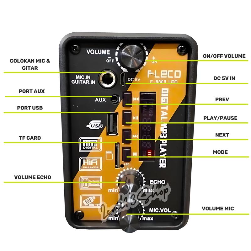 Speaker Bluetooth FLECO F-8808 LED 8 Inch Free 2 Mic Wireless Karaoke + Remote - Speaker Karaoke Full Bass FM Radio digital 3