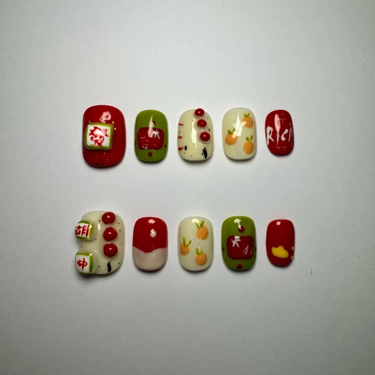 100% Handmade CNY Red Mahjong Press on Nails