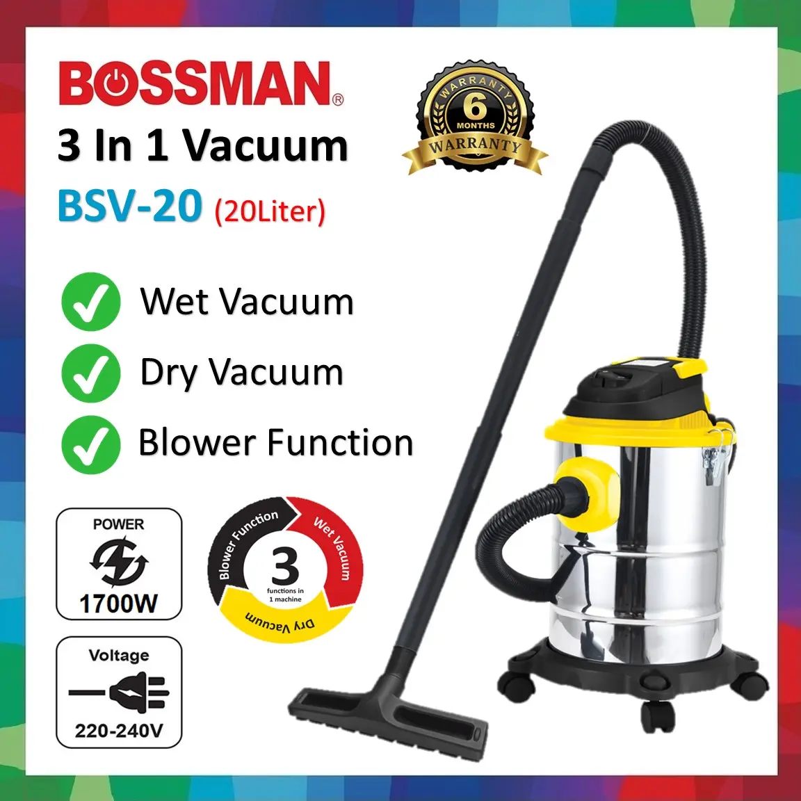WilleStore BOSSMAN 3 in 1 WET DRY BLOW VACUUM CLEANER BSV20 20L / Pembersih Vakum Blower Stainless Steel Vacum