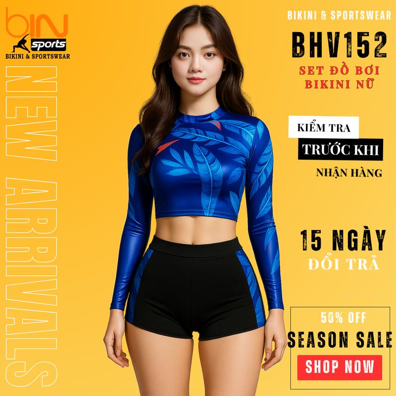 Bikini Nữ 2 Mảnh BINSPORTS Áo Dài Tay Croptop Quần Đùi Cạp Cao Kèm Mút Thun Lạnh Chống UV BHV152