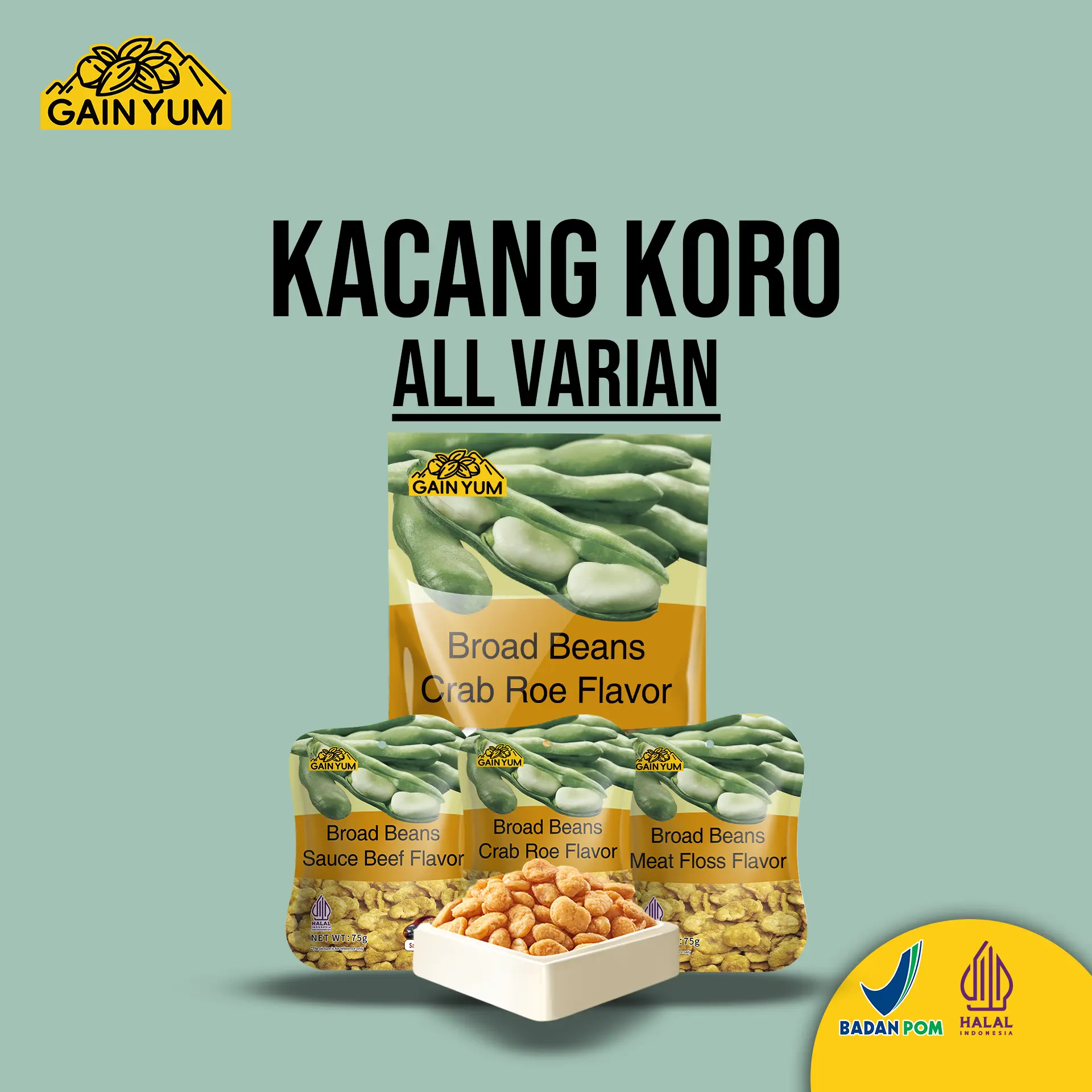 [ ALL VARIAN ] Gain Yum - Kacang Koro Rasa Abon Sapi, Telur Kepiting, Sapi ( 75 Gr dan 285 Gr )
