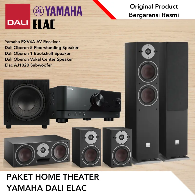 Paket Home Theater Yamaha RXV4A AV Receiver Dali Oberon 5 Floorstanding speaker Dali Oberon 1 Bookshelf Speaker Dali Oberon Vokal Center Speaker Elac AJ1020 Subwoofer