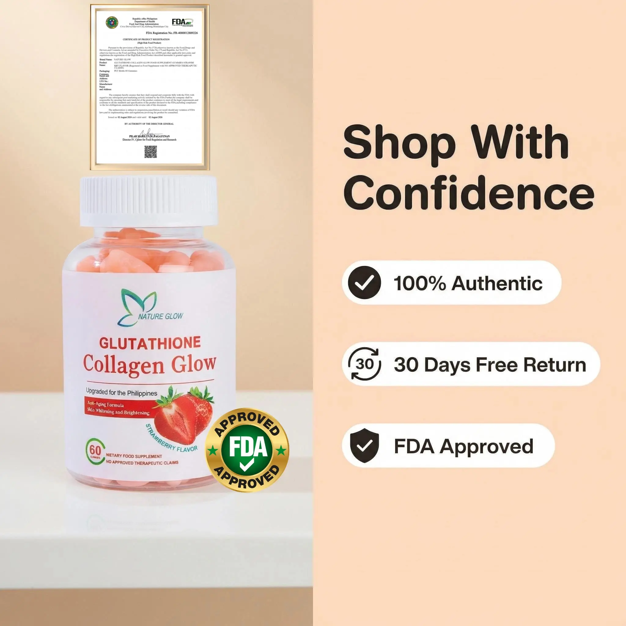 FDA Approved】Nature Glow 60PC glutathione collagen gummies strawberry flavor
