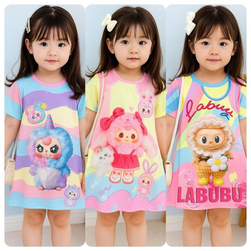 MinGy BaBy Đầm Váy thun lạnh Mingy Baby form dáng chữ A in hình 3D BABY THREE LABUBU cho bé diện TẾT 2025 baby three baby three màu hồng váy dài gái quần áo chobe gai