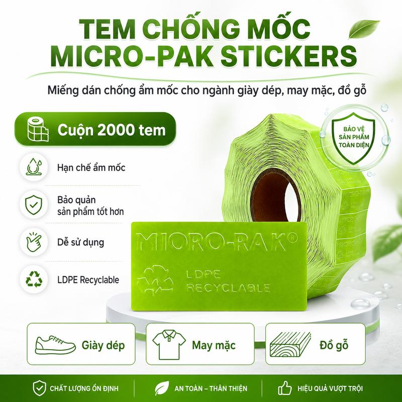 Tem Chống Mốc Micro-Pak Stickers Cuộn 2000 Tem Chống Ẩm Mốc Ngành Giày Dép May Mặc Đồ Gỗ An Toàn Thân Thiện Với Môi Trường