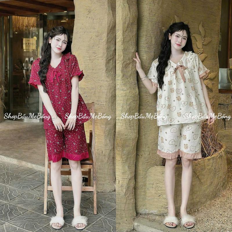 COMBO 2 Bộ Đùi Baby Doll Mặc Bầu Và Kết Hợp Sau Sinh Chất Liệu Đũi Tơ Nhăn Freesize Dưới 70kg Dành Riêng Cho Mẹ Bầu