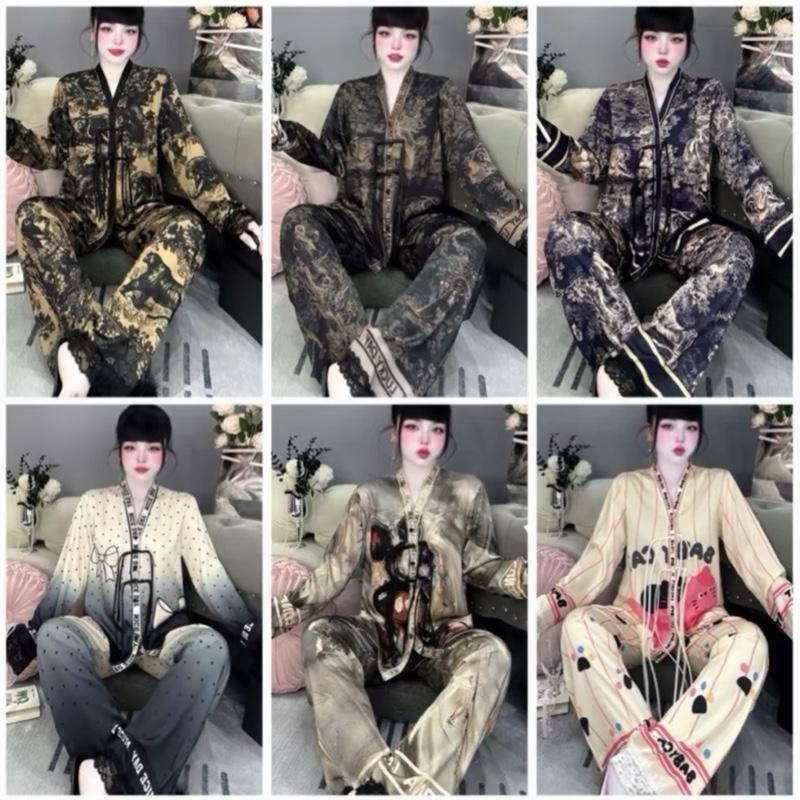 Đồ ngủ đồ bộ pijama tay dài lụa la tin cổ y thất dây Gấu Dâu và nhiều mẫu khác phom dưới 62kg