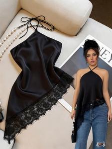 Top halter para mujer, camisa sin mangas asimétrica con ribete de encaje, estilo callejero Y2K, elegante y sexy para verano casual, ropa para salir por la noche y fiestas