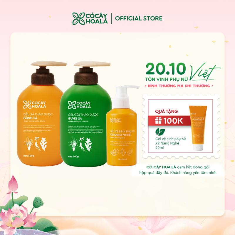 [HÀNH TRÌNH LÀM MẸ] Combo gội xả Thảo Dược Gừng Sả 500g/Combo & Dung Dịch Vệ Sinh X2 Nano Nghệ 150ml Cỏ Cây Hoa Lá - Tặng Tuýp Gel vệ sinh X2 nano nghệ mini 20g