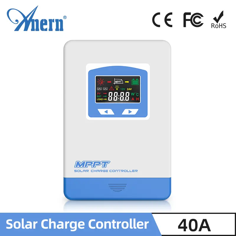 Bộ điều khiển sạc năng lượng mặt trời, Anern, MPPT 40A, cho tấm quang điện, Điều khiển đầu vào đa chế độ, Tương thích với Pin Lithium / Axit chì 12V / 24V