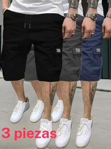 Conjunto de 3 piezas para hombre tipo cargo para el verano, bermudas ligeras y holgadas, pantalones casuales de 5 puntos, moda versátil para uso diario