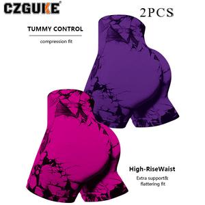 CZGUKE Conjunto de 2 Piezas para Mujer: Pantalones y Shorts Deportivos Sin Costuras con Efecto Tie-Dye, Cintura Alta, Ajustados para Correr, Fitness y Yoga, Estilo Sexy Melocotón