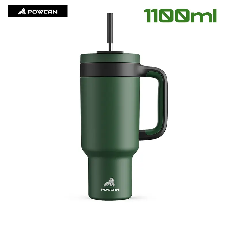 Gelas Minum POWCAN 40 oz (1100 ml) dengan Tangkai, Tutup Anti Bocor dan Sedotan, dapat digunakan untuk minum langsung atau dengan sedotan，Kaca Kopi Tersulut, Kaca Minum Perjalanan Baja Tahan Karat, Menjaga Dingin selama 24 Jam atau Panas selama 8 Jam