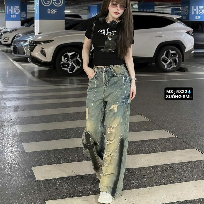 quần jean nữ dài ống rộng thêu chất vải mềm rách thời trang hách dáng