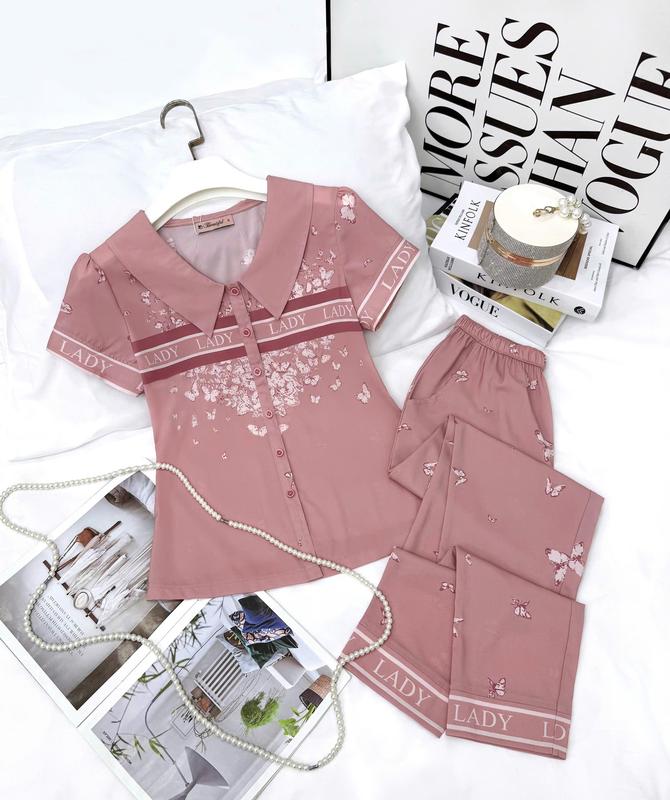 Đồ bộ nữ mặc nhà Y705A Lụa Mango tay cộc quần dài HỒNG lady cổ vòng