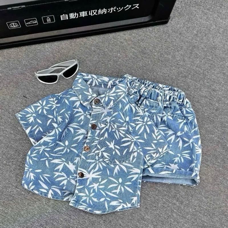 (Tặng đồng hồ)Bộ quần áo bò cộc tay mềm phối túi cho bé trai ( 8-26kg]