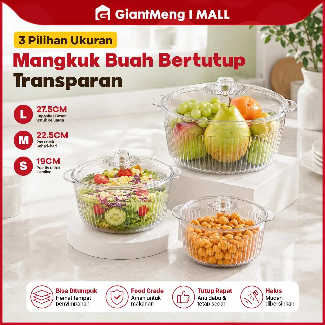 GiantMeng - Mangkok Plastik Aesthetic 450ml/600ml + Tutup | Salad Buah Sup Sayur