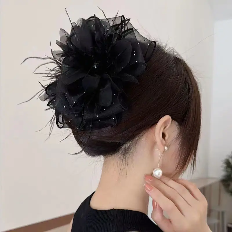 Kẹp Tóc Càng Cua, Thiết Kế Lông Vũ Hoa, Siêu Thanh Lịch, Cỡ Lớn, Tăng Độ Dài Tóc, Kẹp Cá Mập Cao Cấp, Kẹp Tóc Lớn, Phụ Kiện Tóc Hoa Đầu