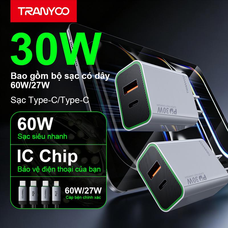 Bộ Sạc Nhanh 30W 2 Cổng USB, Type-C US13 Tranyoo Cáp Bọc Dù Chống Gãy Gập Độ Bền Cao Cho Điện Thoại - Phone, Phụ Kiện Usb sạc nhanh 30w