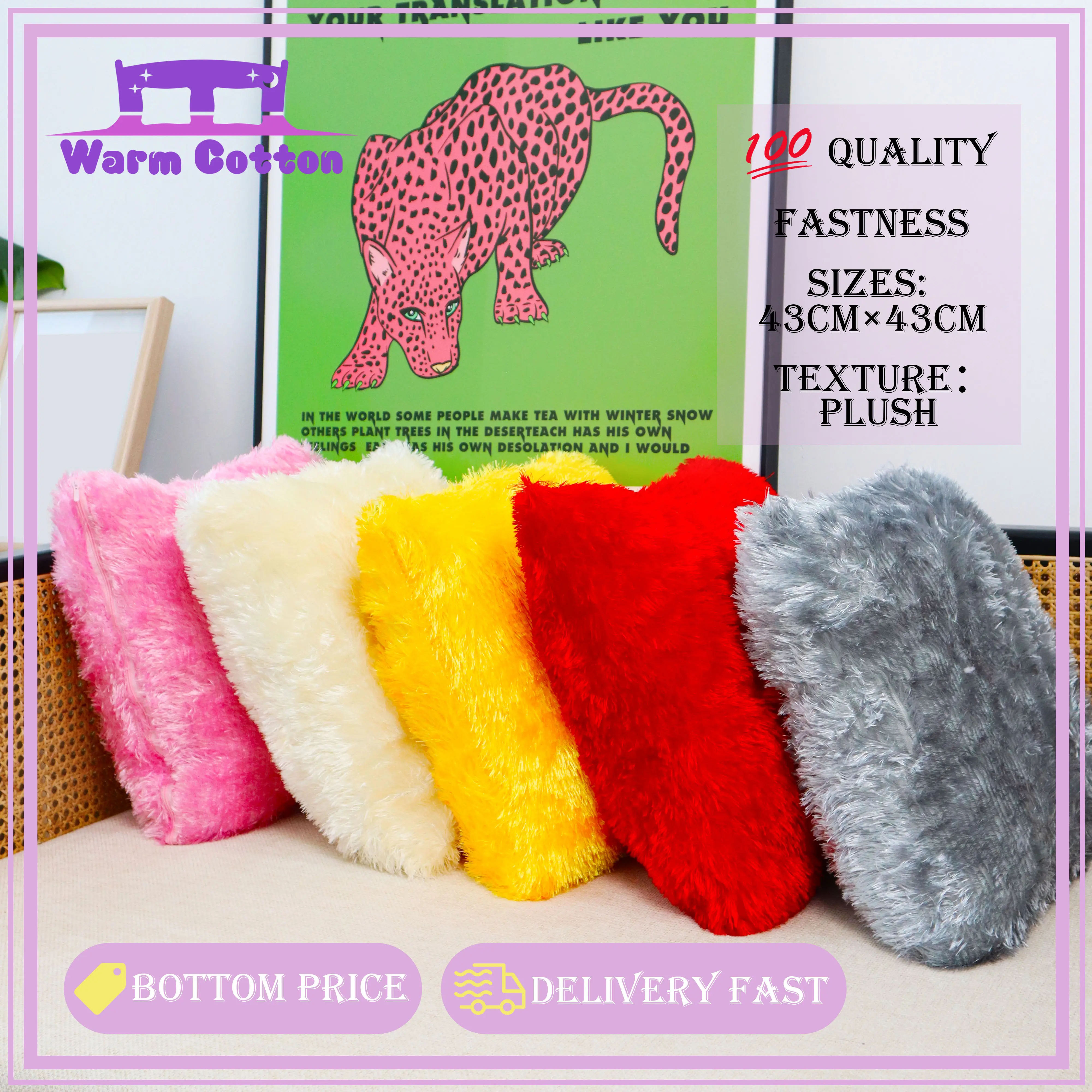 【buy 1 get 1】Soft Plush square Throw Pillow Case set for Sofa Faux Fur Pillowcase Cover zipper size 15x15 inch