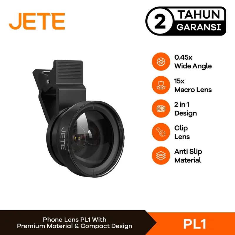 Lensa Wide Angle for Smartphone HP JETE PL1 2in1 0,45x 15x Macro Lens - Garansi 2 Tahun