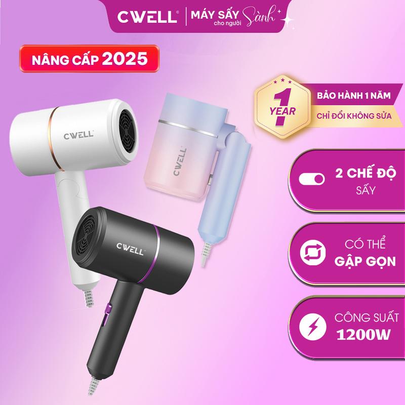 Máy sấy tóc mini gập gọn 1200W CWELL với công nghệ ánh sáng xanh hạn chế hư tóc, sấy 2 chiều nóng và lạnh, trọng lượng siêu nhẹ cho nam và Nữ C01HD Women - BH 12 THÁNG