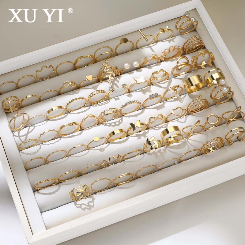 Bộ Nhẫn Sang Trọng, XUYI, 67 Chiếc / bộ, Đồ Trang Sức Thời Trang Vàng, Với Thiết Kế Hình Bướm, Trái Tim, Nhẫn Xếp Chồng Phong Cách Cổ Điển Thanh Lịch, Dành Cho Nữ, Bộ Sưu Tập Phụ Kiện Hàng Ngày Và Đi Làm, Không Bao Gồm Hộp
